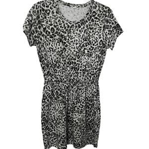 OLD NAVY SHORT SLV MIDI FIT & FLARE WAIST DRESS, WOMENS, L, GREY/BLACK LEOPARD